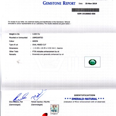 4.00 Ct GII Certified Untreated Natural Zambian Emerald Gemstone 4.00 Ct GII Certified Untreated Natural Zambian Emerald Gemstone