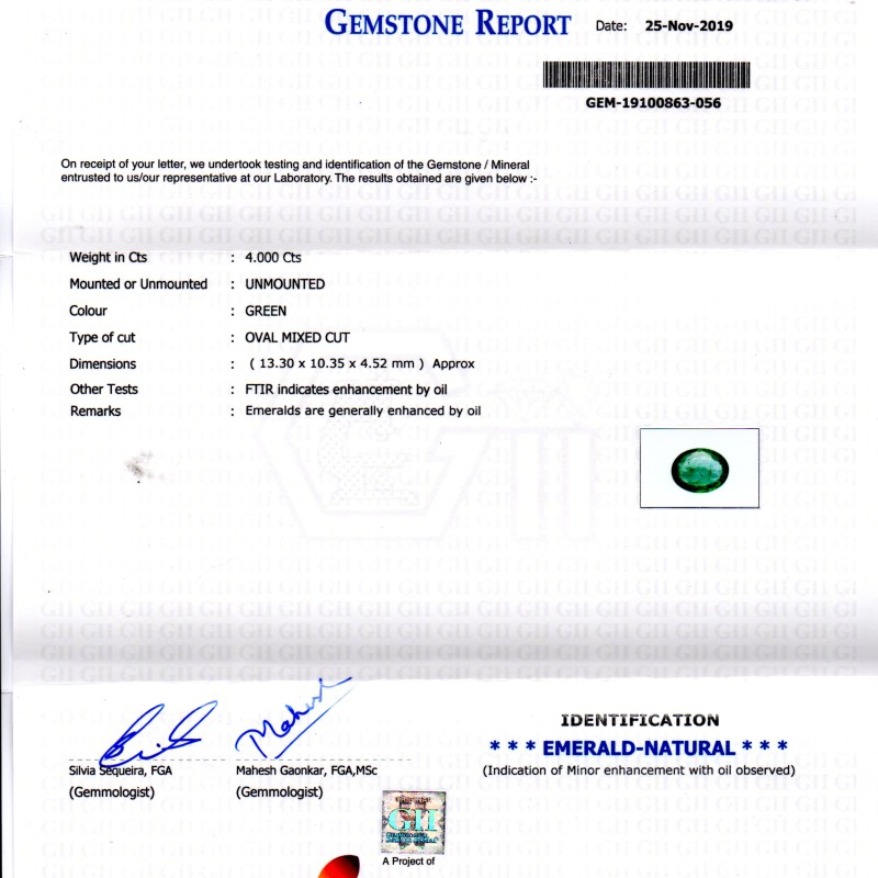 4.00 Ct GII Certified Untreated Natural Zambian Emerald Gemstone 4.00 Ct GII Certified Untreated Natural Zambian Emerald Gemstone