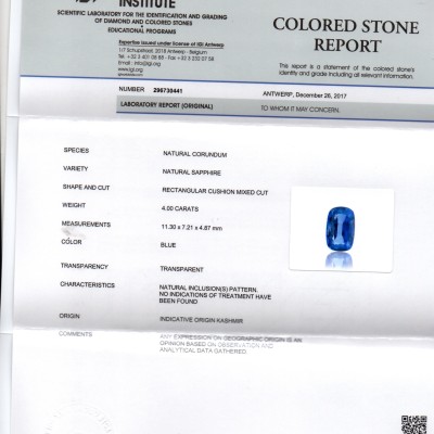 4 Ct Unheated Untreated Natural IGI Certified Kashmir Blue Sapphire 4 Ct Unheated Untreated Natural IGI Certified Kashmir Blue Sapphire