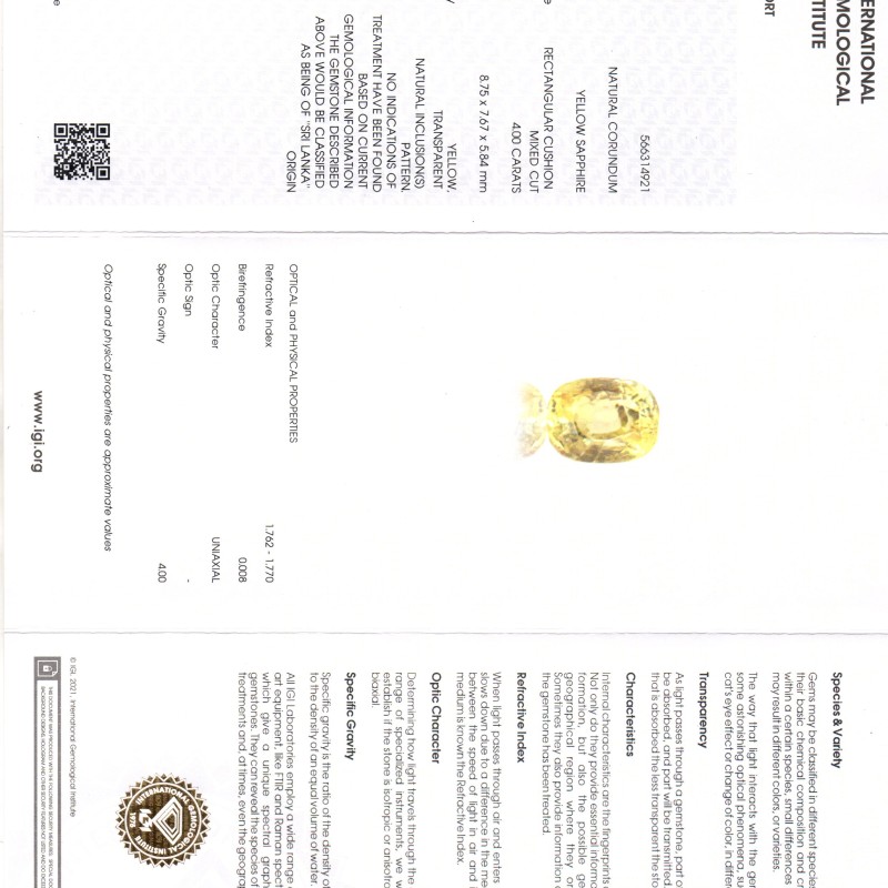4.00 Ct IGI Certified Unheated Untreated Natural Ceylon Yellow Sapphire AA