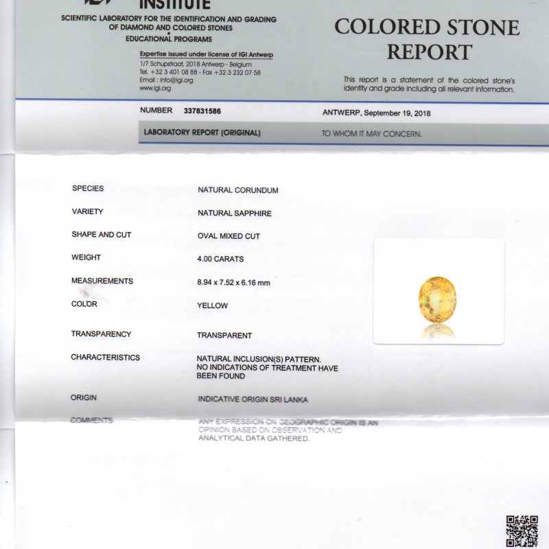 4.00 Ct IGI Certified Unheated Untreated Natural Ceylon Yellow Sapphire 4.00 Ct IGI Certified Unheated Untreated Natural Ceylon Yellow Sapphire