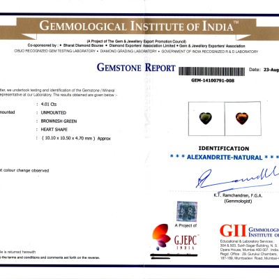 4.01 Ct Untreated Natural Certified Colour Changing Alexandrite 4.01 Ct Untreated Natural Certified Colour Changing Alexandrite