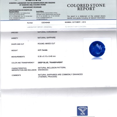 4.01 Ct Top Colour IGI Certified Natural Ceylon Blue Sapphire AA