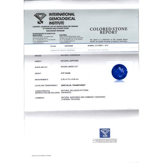 4.01 Ct Top Colour IGI Certified Natural Ceylon Blue Sapphire AA
