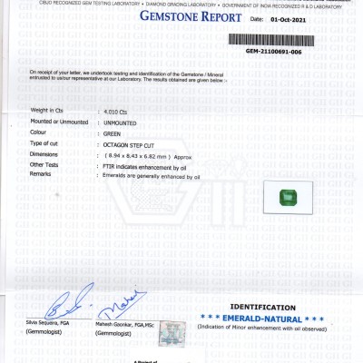 4.01 Ct GII Certified Untreated Natural Zambian Emerald Gemstone AAA