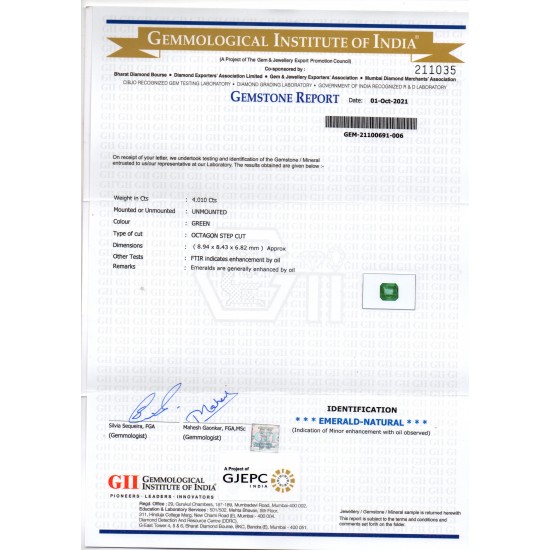 4.01 Ct GII Certified Untreated Natural Zambian Emerald Gemstone AAA