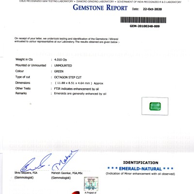 4.01 Ct GII Certified Untreated Natural Zambian Emerald Gems AAA 4.01 Ct GII Certified Untreated Natural Zambian Emerald Gems AAA