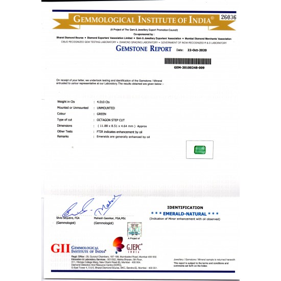 4.01 Ct GII Certified Untreated Natural Zambian Emerald Gems AAA