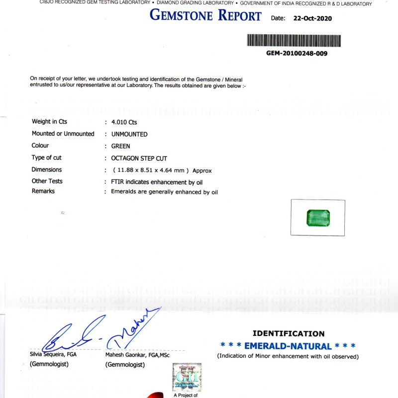4.01 Ct GII Certified Untreated Natural Zambian Emerald Gems AAA 4.01 Ct GII Certified Untreated Natural Zambian Emerald Gems AAA