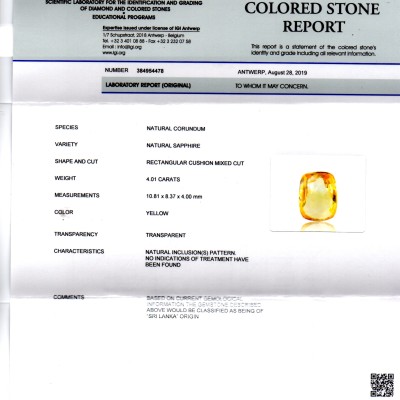 4.01 Ct IGI Certified Unheated Untreated Natural Ceylon Yellow Sapphire