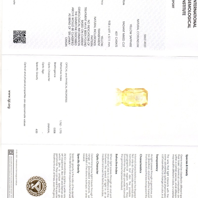 4.01 Ct IGI Certified Unheated Untreated Natural Ceylon Yellow Sapphire AA