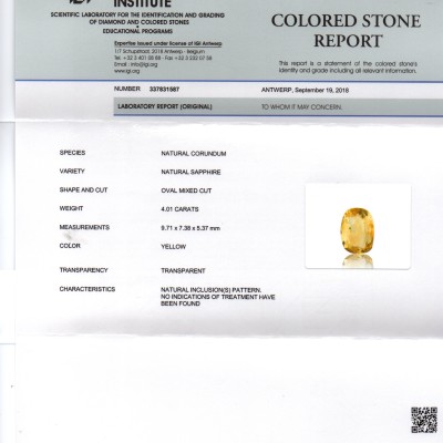 4.01 Ct IGI Certified Unheated Untreated Natural Ceylon Yellow Sapphire Gems 4.01 Ct IGI Certified Unheated Untreated Natural Ceylon Yellow Sapphire Gems
