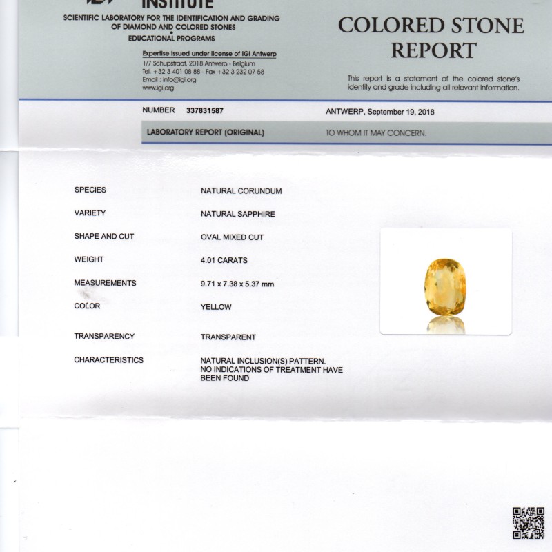 4.01 Ct IGI Certified Unheated Untreated Natural Ceylon Yellow Sapphire Gems 4.01 Ct IGI Certified Unheated Untreated Natural Ceylon Yellow Sapphire Gems