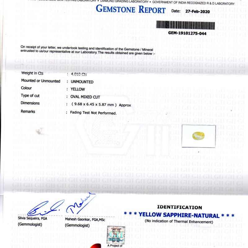 4.01 Ct GII Certified Unheated Untreated Natural Ceylon Yellow Sapphire