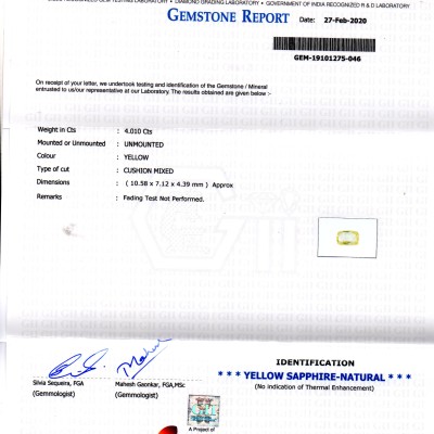 4.01 Ct GII Certified Unheated Untreated Natural Ceylon Yellow Sapphire 4.01 Ct GII Certified Unheated Untreated Natural Ceylon Yellow Sapphire