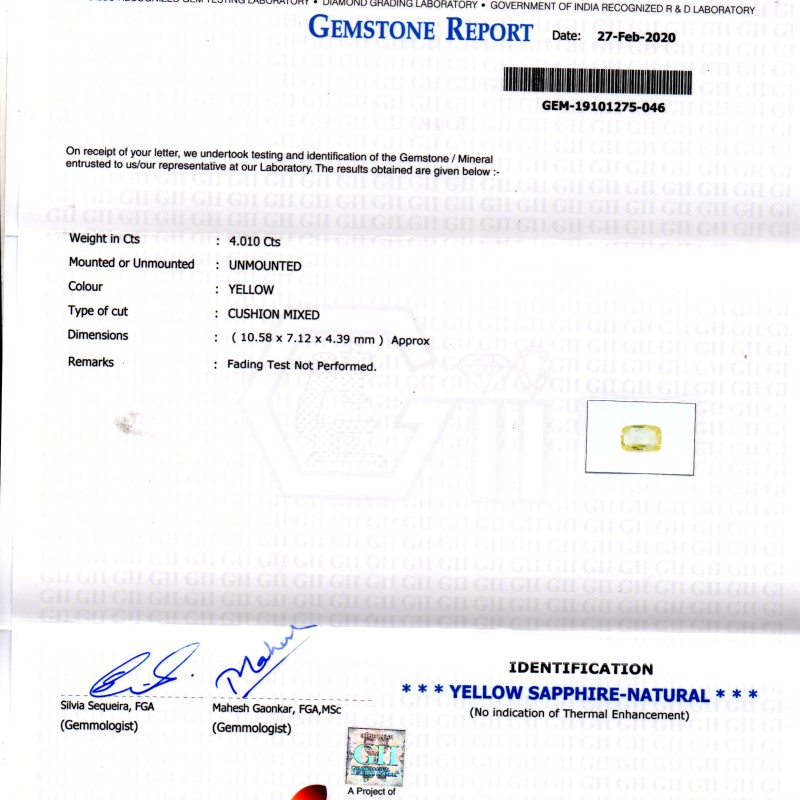 4.01 Ct GII Certified Unheated Untreated Natural Ceylon Yellow Sapphire 4.01 Ct GII Certified Unheated Untreated Natural Ceylon Yellow Sapphire
