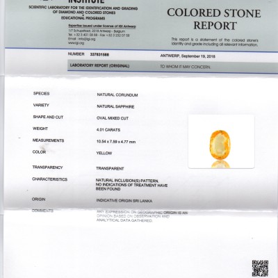 4.01 Ct IGI Certified Unheated Untreated Natural Ceylon Yellow Sapphire