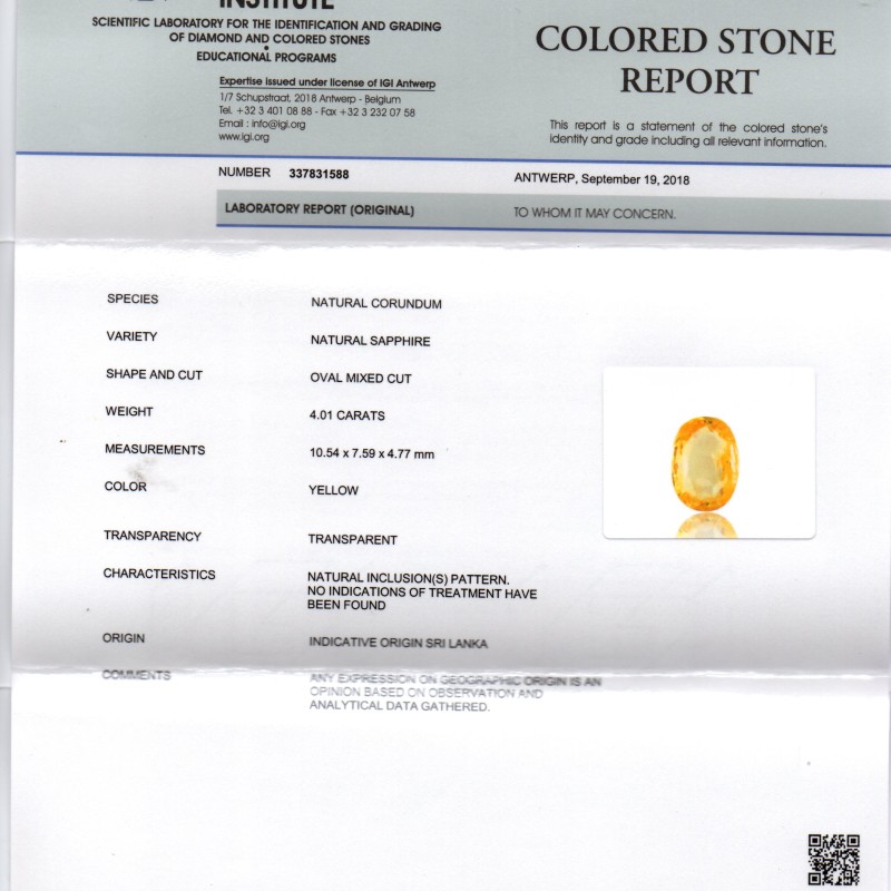 4.01 Ct IGI Certified Unheated Untreated Natural Ceylon Yellow Sapphire 4.01 Ct IGI Certified Unheated Untreated Natural Ceylon Yellow Sapphire