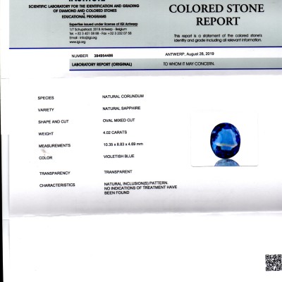 4.02 Ct IGI Certified Unheated Untreated Natural Ceylon Blue Sapphire AAA 4.02 Ct IGI Certified Unheated Untreated Natural Ceylon Blue Sapphire AAA