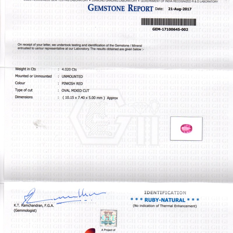 4.02 Ct Certified Unheated Untreated Natural Madagaskar Ruby AAAA 4.02 Ct Certified Unheated Untreated Natural Madagaskar Ruby AAAA