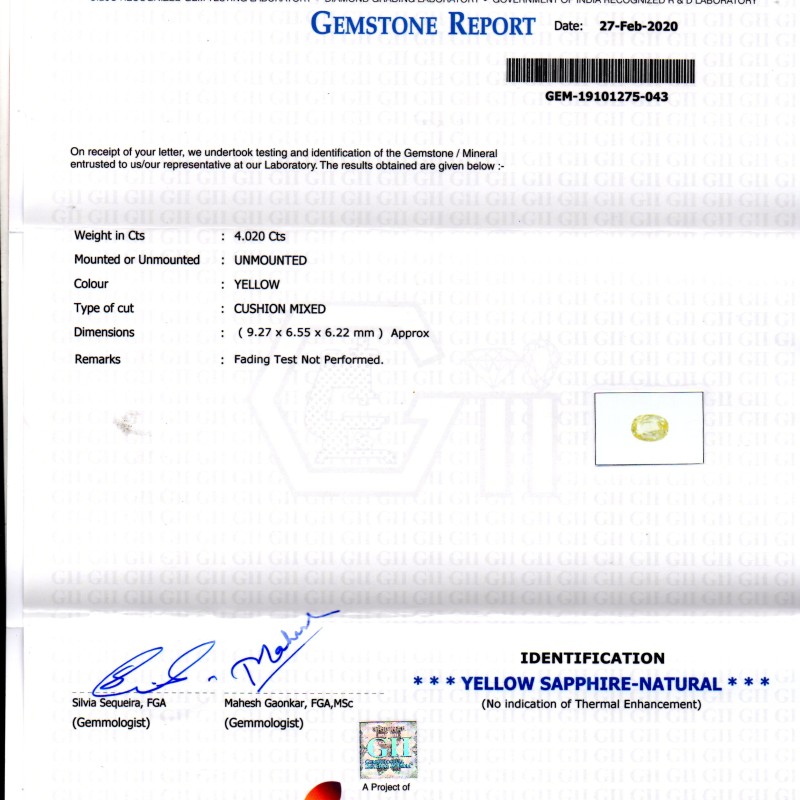 4.02 Ct GII Certified Unheated Untreated Natural Ceylon Yellow Sapphire