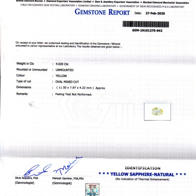 4.02 Ct GII Certified Unheated Untreated Natural Ceylon Yellow Sapphire