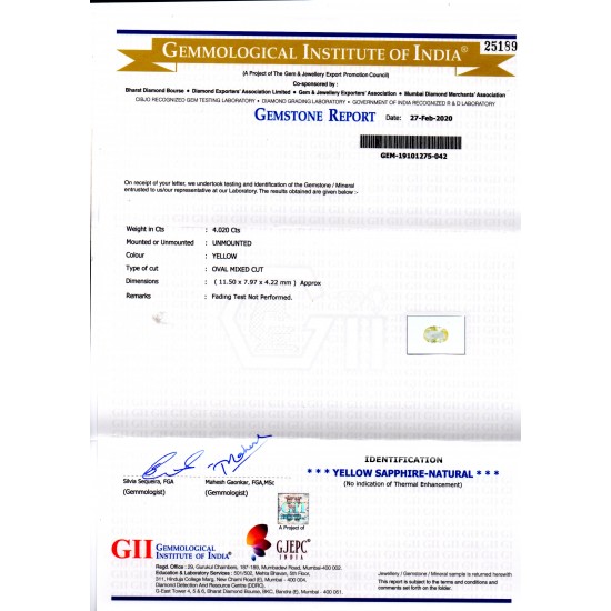 4.02 Ct GII Certified Unheated Untreated Natural Ceylon Yellow Sapphire