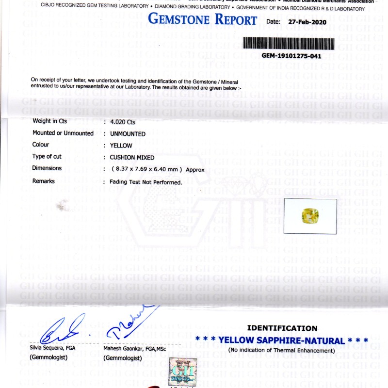 4.02 Ct GII Certified Unheated Untreated Natural Ceylon Yellow Sapphire 4.02 Ct GII Certified Unheated Untreated Natural Ceylon Yellow Sapphire