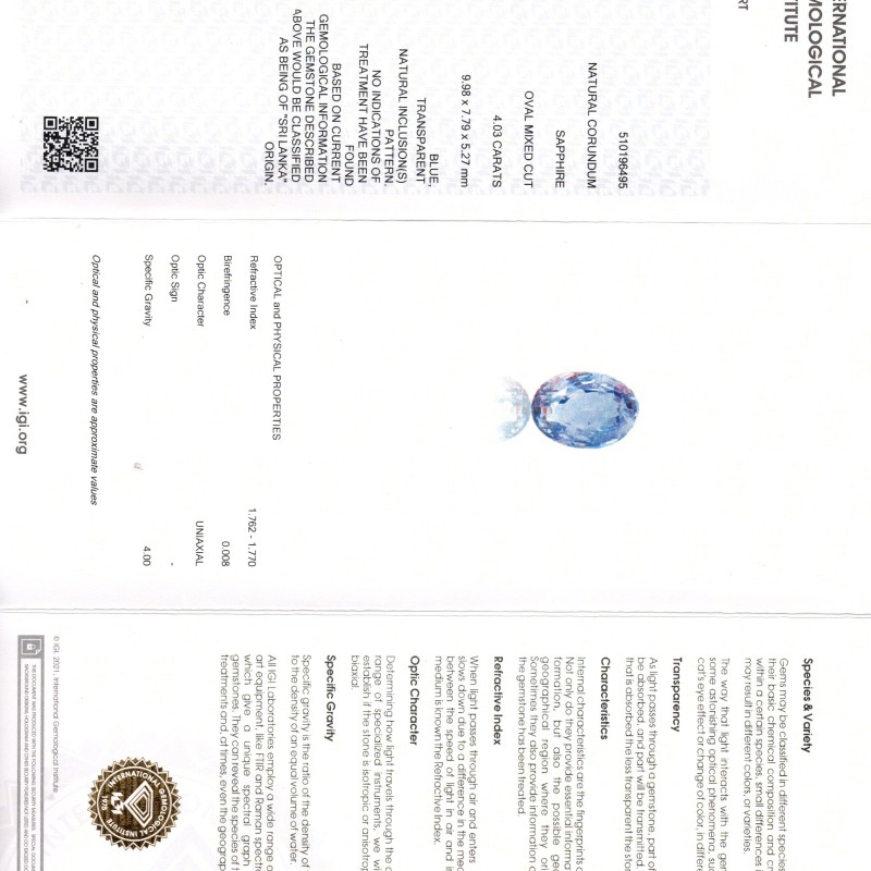 4.03 Ct IGI Certified Unheated Untreated Natural Ceylon Blue Sapphire AAA