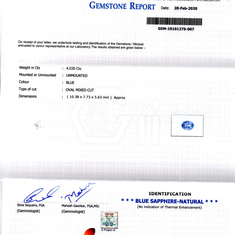 4.03 Ct GII Certified Unheated Untreated Natural Ceylon Blue Sapphire 4.03 Ct GII Certified Unheated Untreated Natural Ceylon Blue Sapphire