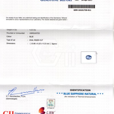 4.03 Ct GII Certified Unheated Untreated Natural Ceylon Blue Sapphire