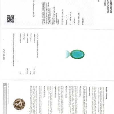 4.03 Ct IGI Certified Untreated Natural Zambian Emerald Gemstone 4.03 Ct IGI Certified Untreated Natural Zambian Emerald Gemstone