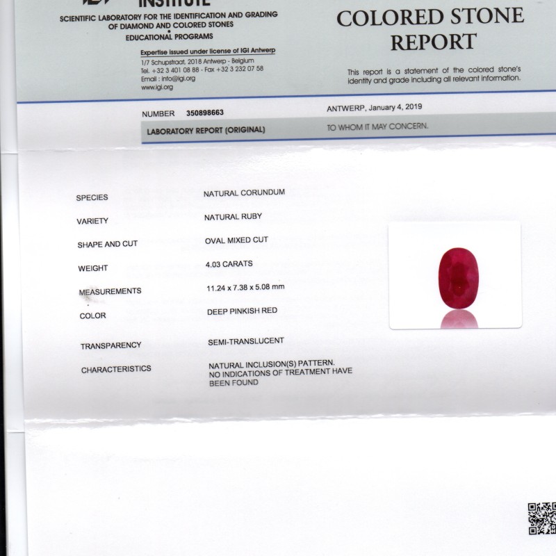 4.03 Ct IGI Certified Unheated Untreated Natural Mozambique Ruby AA