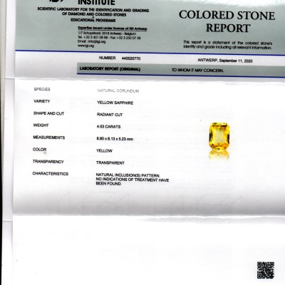 4.03 Ct IGI Certified Unheated Untreated Natural Ceylon Yellow Sapphire AAA