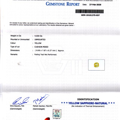 4.03 Ct GII Certified Unheated Untreated Natural Ceylon Yellow Sapphire