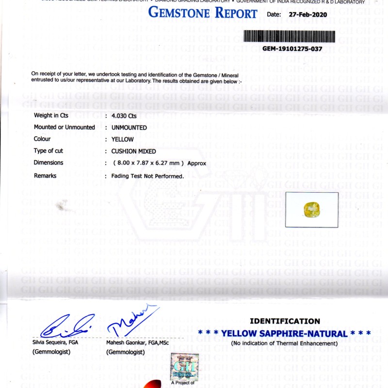 4.03 Ct GII Certified Unheated Untreated Natural Ceylon Yellow Sapphire