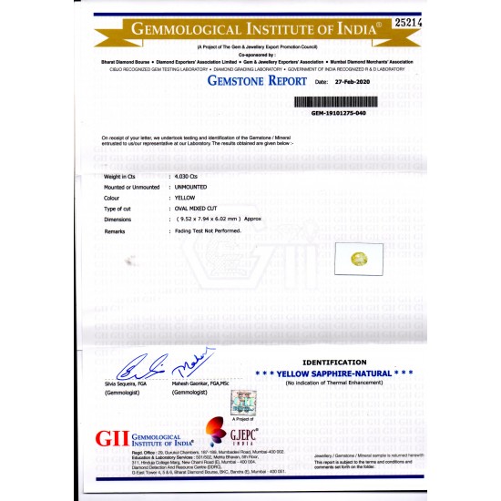 4.03 Ct GII Certified Unheated Untreated Natural Ceylon Yellow Sapphire
