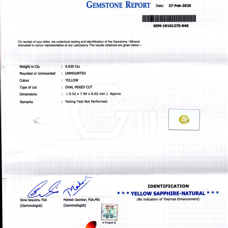 4.03 Ct GII Certified Unheated Untreated Natural Ceylon Yellow Sapphire 4.03 Ct GII Certified Unheated Untreated Natural Ceylon Yellow Sapphire