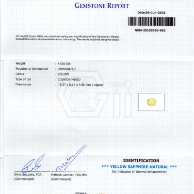4.03 Ct GII Certified Unheated Untreated Natural Ceylon Yellow Sapphire 4.03 Ct GII Certified Unheated Untreated Natural Ceylon Yellow Sapphire
