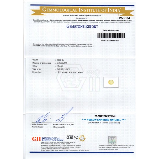 4.03 Ct GII Certified Unheated Untreated Natural Ceylon Yellow Sapphire 4.03 Ct GII Certified Unheated Untreated Natural Ceylon Yellow Sapphire