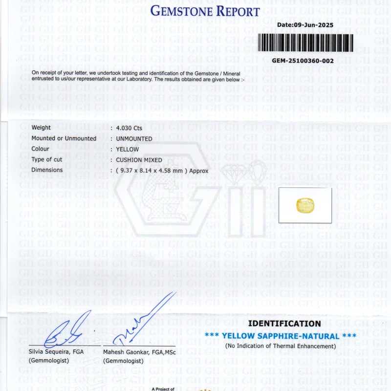 4.03 Ct GII Certified Unheated Untreated Natural Ceylon Yellow Sapphire 4.03 Ct GII Certified Unheated Untreated Natural Ceylon Yellow Sapphire
