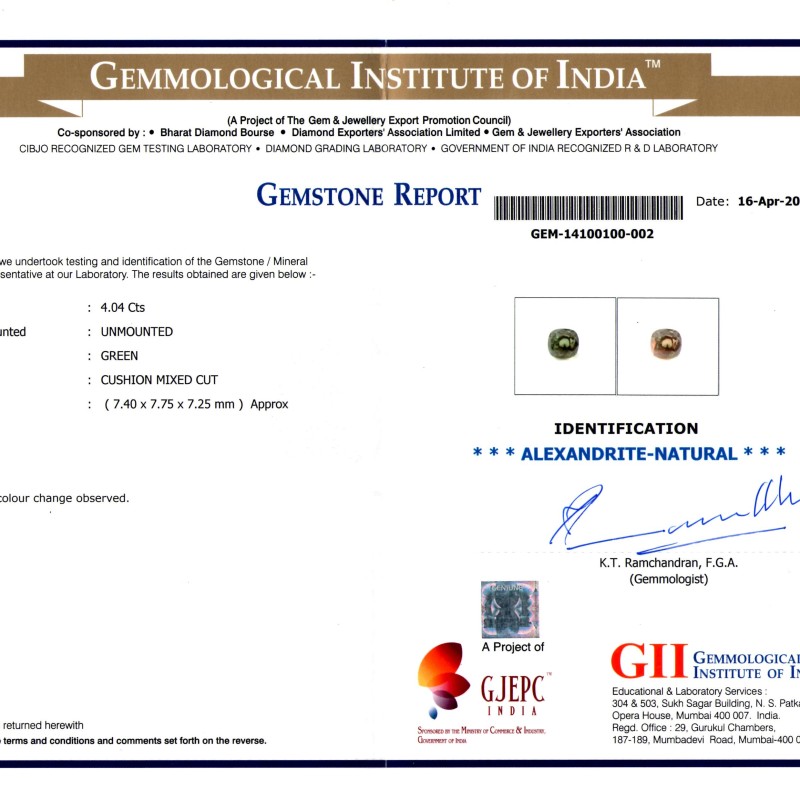 4.04 Ct Untreated Natural Certified Colour Changing Alexandrite