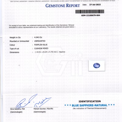 4.04 Ct GII Certified Unheated Untreated Natural Ceylon Blue Sapphire