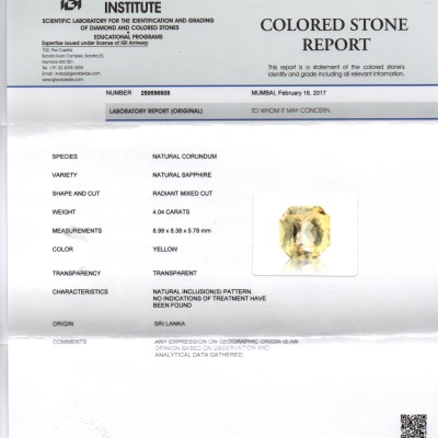 4.04 Ct Unheated Untreated Natural Ceylon Yellow Sapphire Gemstone