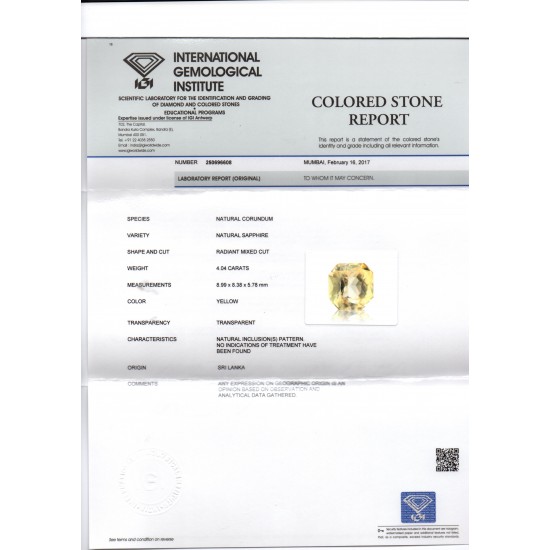 4.04 Ct Unheated Untreated Natural Ceylon Yellow Sapphire Gemstone