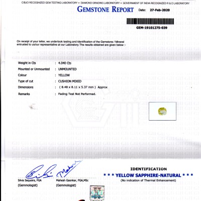 4.04 Ct GII Certified Unheated Untreated Natural Ceylon Yellow Sapphire 4.04 Ct GII Certified Unheated Untreated Natural Ceylon Yellow Sapphire