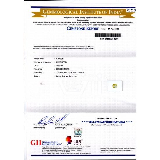 4.04 Ct GII Certified Unheated Untreated Natural Ceylon Yellow Sapphire