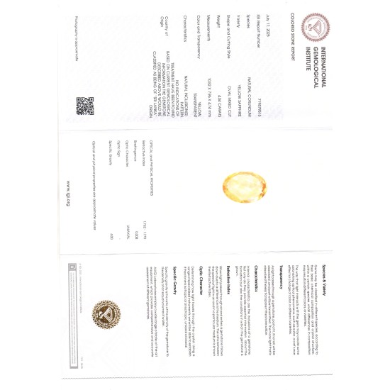 4.04 Ct IGI Certified Unheated Untreated Natural Ceylon Yellow Sapphire