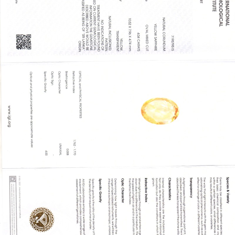 4.04 Ct IGI Certified Unheated Untreated Natural Ceylon Yellow Sapphire 4.04 Ct IGI Certified Unheated Untreated Natural Ceylon Yellow Sapphire