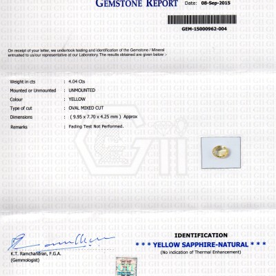 4.04 Ct GII Certified Unheated Untreated Natural Ceylon Yellow Sapphire Pukhraj 4.04 Ct GII Certified Unheated Untreated Natural Ceylon Yellow Sapphire Pukhraj
